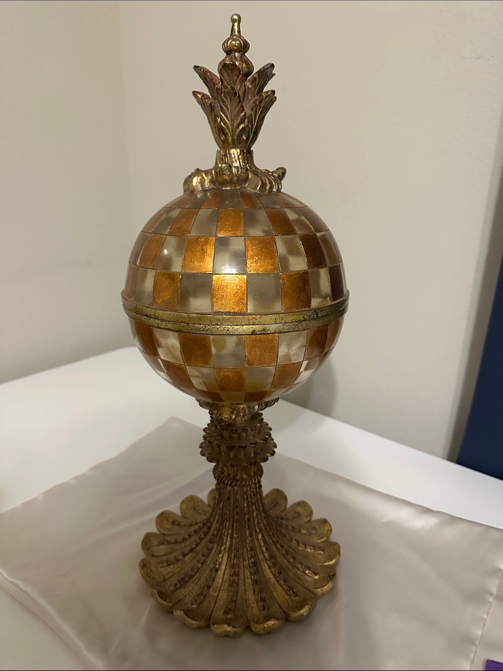 Gold and Cream Checkered Decorative Pedestal Orb